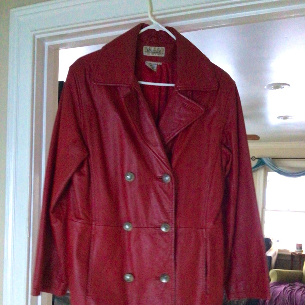 Red leather blazer, double breasted, silver buttons, Blushe, vintage